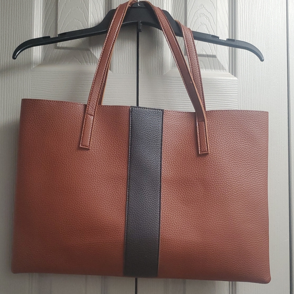 NWOT VINCE CAMUTO Lucky Pebbled Vegan Leather Tote Brown w/ Black Stripe